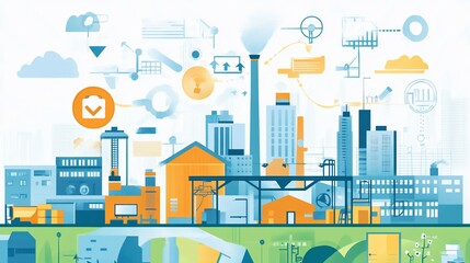 Fototapeta premium Digital illustration of an industrial cityscape with interconnected systems and various buildings