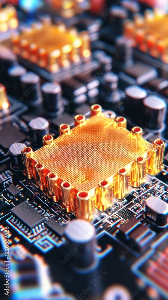 Poster close up golden microchip on circuit board technology electronics hardware computer p