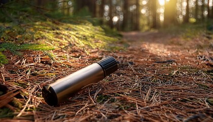 A metallic thermos rests on a forest path bathed in sunlight.