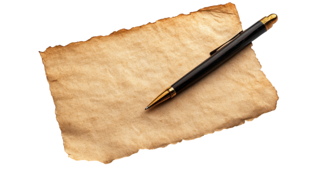 Old parchment with a pen for writing notes. transparent background