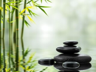 Obraz premium Spa background with black stones and bamboo on calm water surface, spa, calmness, bamboo