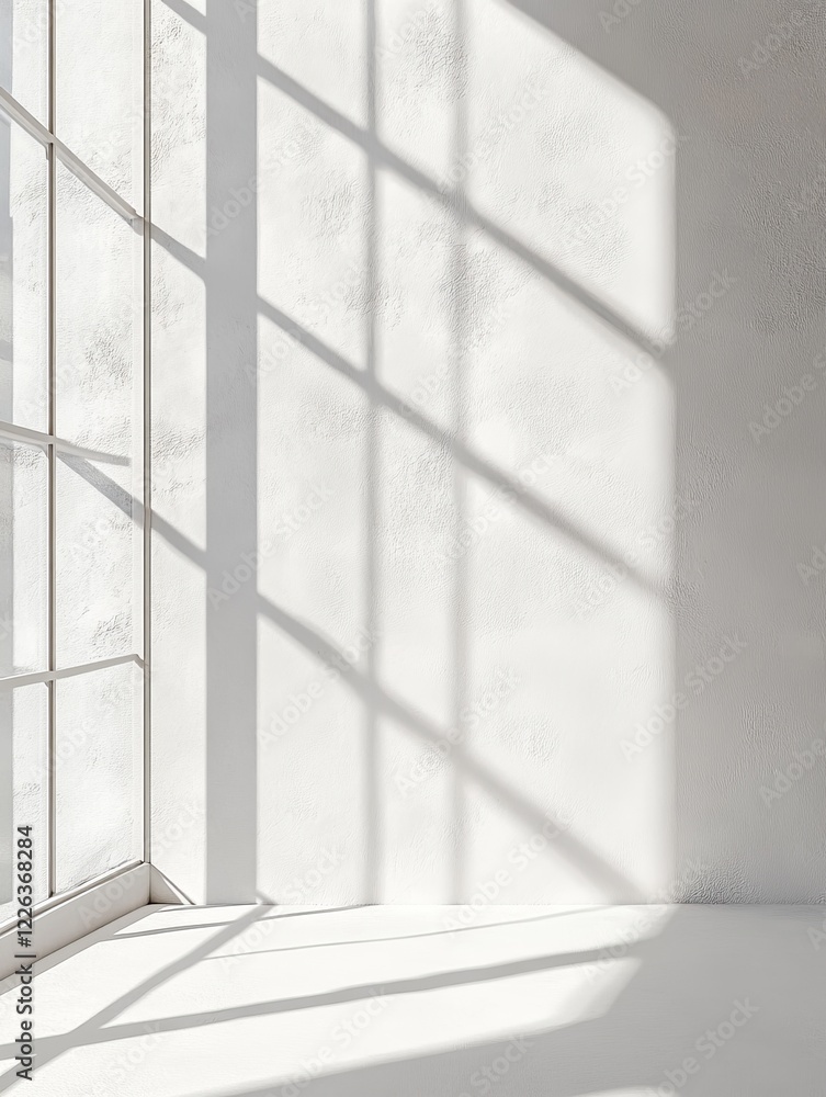 Poster sunlight streams through a large window, casting shadows on a white wall and floor in a minimalist r