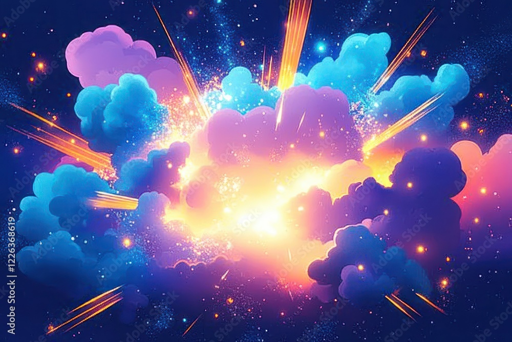 Poster colorful explosion background with pastel clouds and dynamic lines