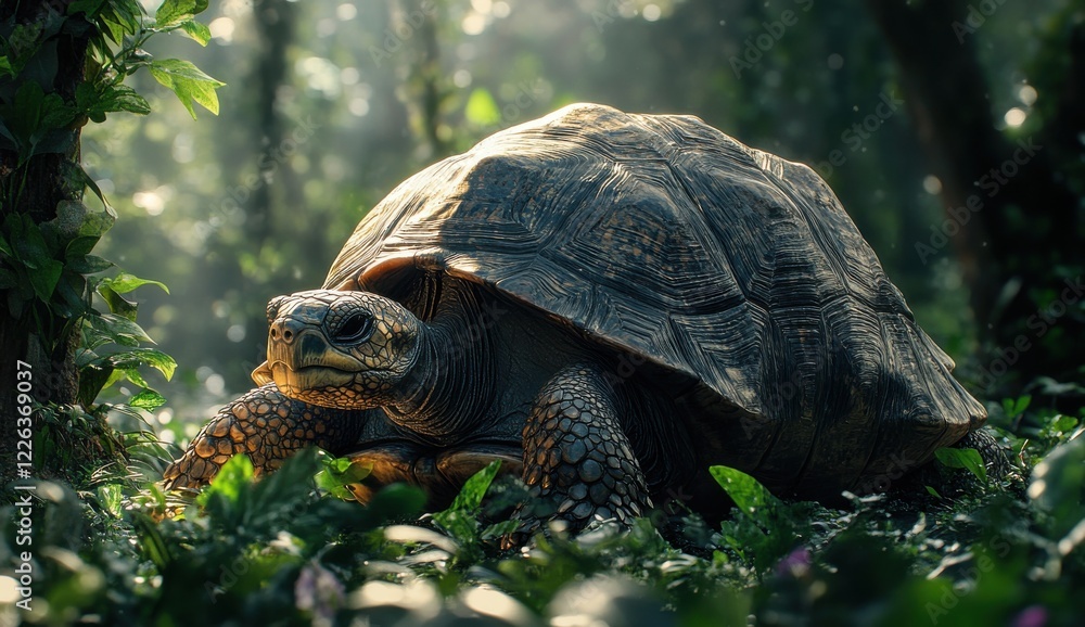 Poster majestic tortoise resting on lush green foliage in serene forest environment with soft sunlight filt