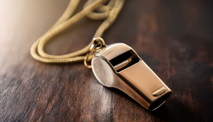 Gold whistle on a cord rests on a dark wood surface.