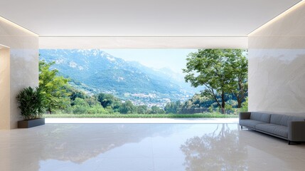 Mountain view from modern lobby; relaxing interior design