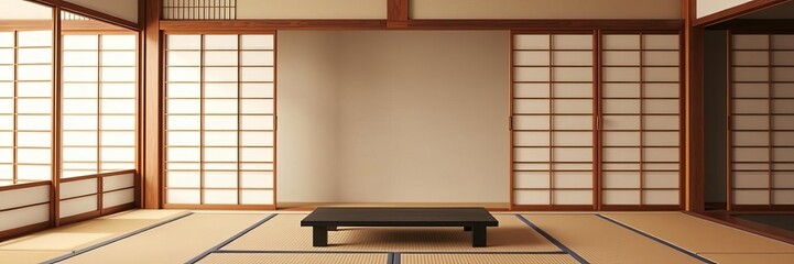 Traditional Japanese interior with tatami mat flooring, sliding paper doors, shoji screens, and minimalist furniture, furniture, sliding, tatami