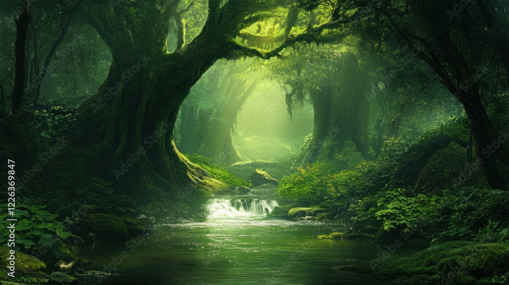 Poster lush green forest with a stream flowing through, sunlight filtering through the trees