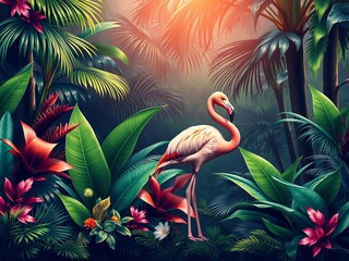 Two elegant pink flamingos standing gracefully amidst vibrant green rubber trees in a lush tropical forest setting, foliage, tropical, vibrant