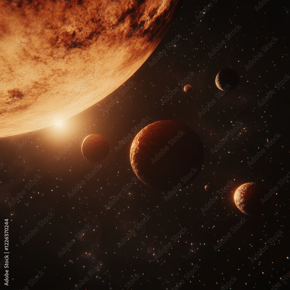 Poster planetary system with a large orange planet and smaller celestial bodies orbiting a bright star in s