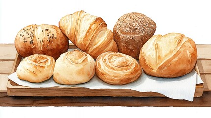 Fototapeta premium A Delightful Assortment of Freshly Baked Breads and Pastries on Rustic Wooden Board