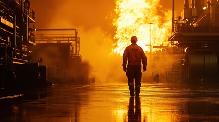 Fototapeta premium Lone worker walks away from massive industrial fire.