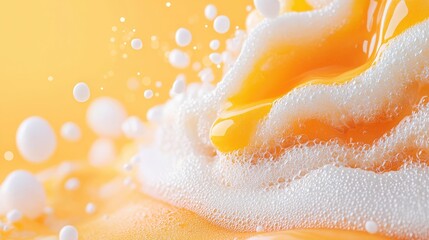 Obraz premium Orange liquid splash with foam, background blur, beverage advertisement