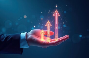 A businessman in a suit holds a glowing holographic upward-trending graph with city skyscrapers, symbolizing the business growth and financial success concept. The futuristic blue lighting enhances th