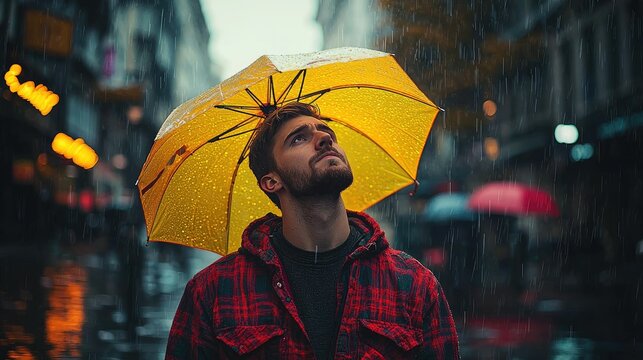 Man under yellow umbrella in rainy city street