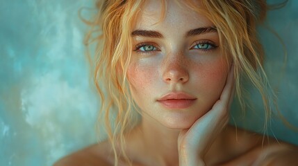 Fototapeta premium Contemplative Middle-Aged Woman Smiling Indoor Portrait Beauty Skincare Makeup