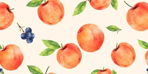 Watercolor peach pattern with soft pastel colors, ideal for wallpaper, fabrics, and stationery, fruit, pattern, design