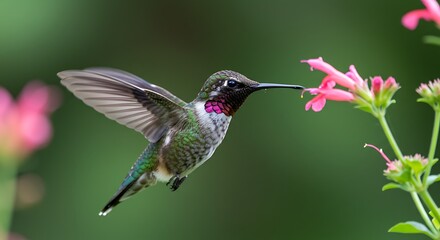 Fototapeta premium Hummingbird Feeding on Pink Flowers Nature Photography
