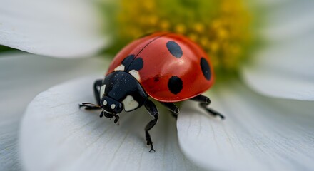 Naklejka premium Ladybug on White Flower Macro Photography
