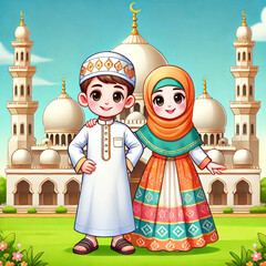 Moslem children in front of mosque in ramadhan