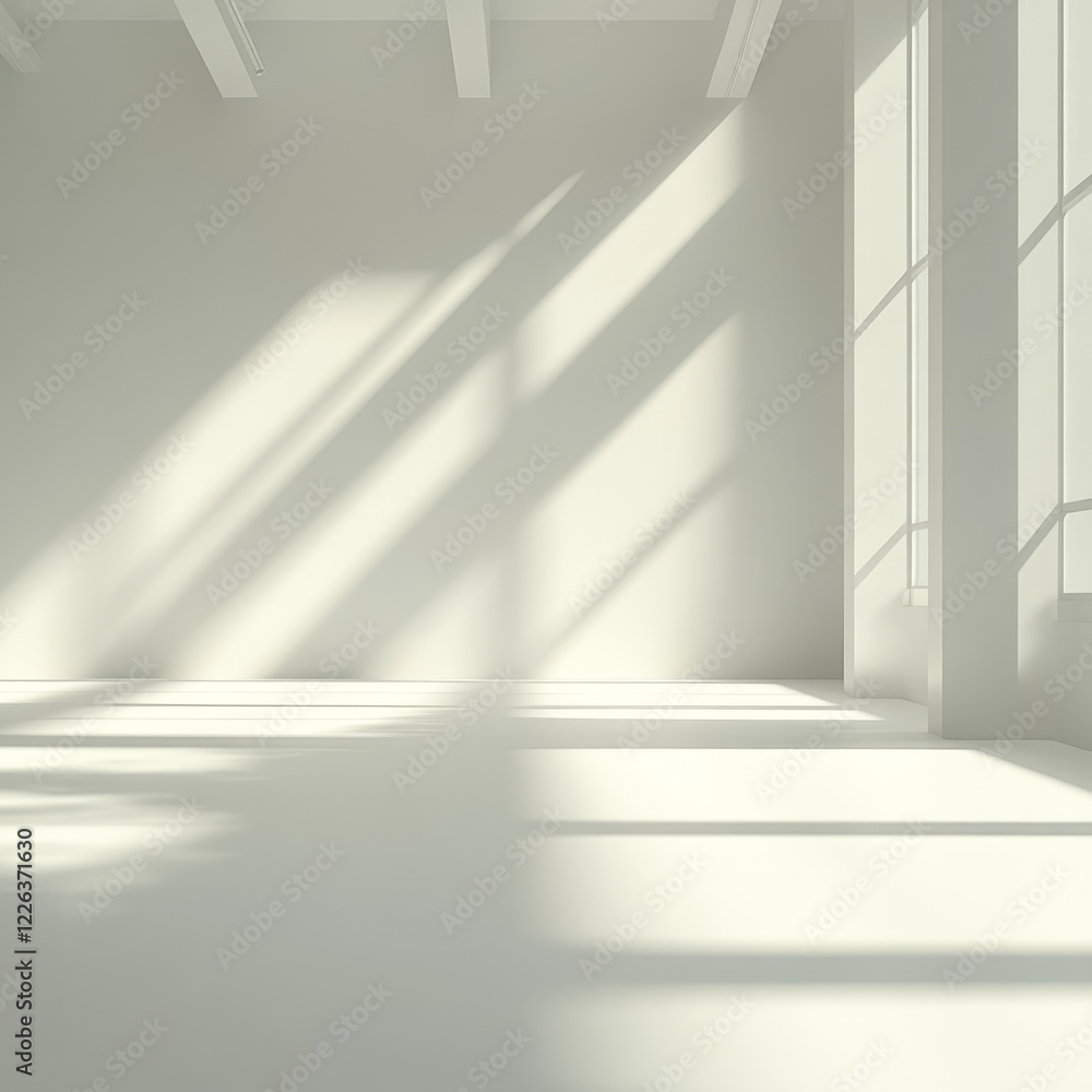 Poster sunlit empty white room with large window and exposed beams.