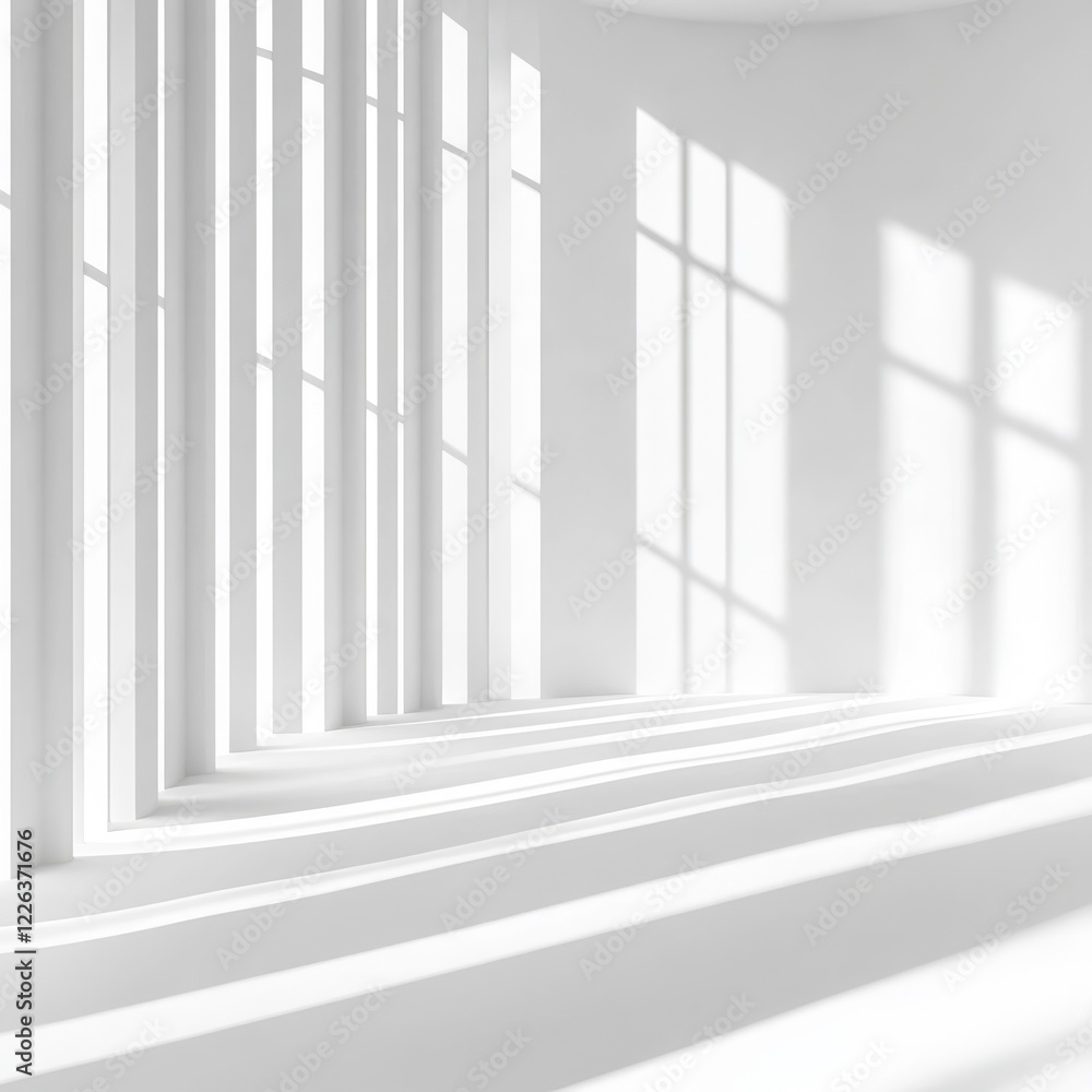 Poster sunlight streams through windows in a minimalist white room, casting shadows on the floor and walls.