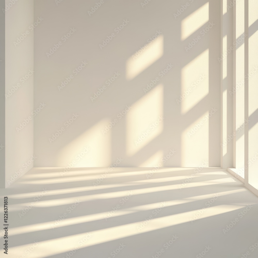 Poster sunlight streams into an empty, minimalist room, casting shadows on the walls and floor.