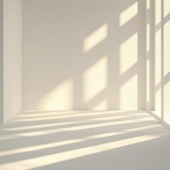 Obraz premium Sunlight streams into an empty, minimalist room, casting shadows on the walls and floor.