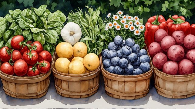 Vibrant Still Life of Fresh Farm Produce in Rustic Baskets, a Colorful and Appetizing Composition of Tomatoes, Lemons, Plums, Pota