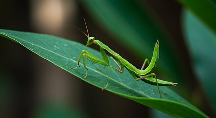 Fototapeta premium Green Praying Mantis on Leaf Macro Photography