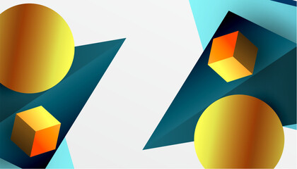 Abstract design showcasing isometric cubes, pyramids, squares, and spheres in a vibrant 3D layout. Modern and dynamic, perfect for tech, design, or futuristic themes