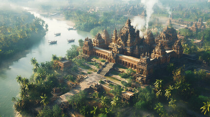 Fototapeta premium A Stunning Aerial View Of A Vast Temple Complex With Intricate Towers And Sprawling Courtyards, Surrounded By A Tranquil River And Lush Vegetation