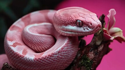 Obraz premium Pink Snake Coiled on Branch Vibrant Reptile Closeup