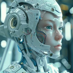 Fototapeta premium A close-up of a futuristic robot with a human-like face. AI.
