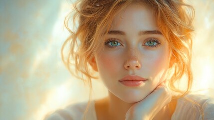 Fototapeta premium Serene Portrait of a Smiling Middle-Aged Japanese Woman with Natural Makeup in Soft Pastel Colors