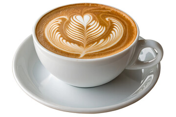 white cup of art latte coffee with heart shape isolated on transparent background