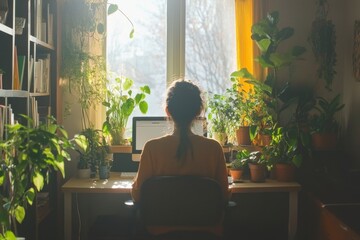 Serene Workspace Surrounded by Lush Green Plants and Natural Light