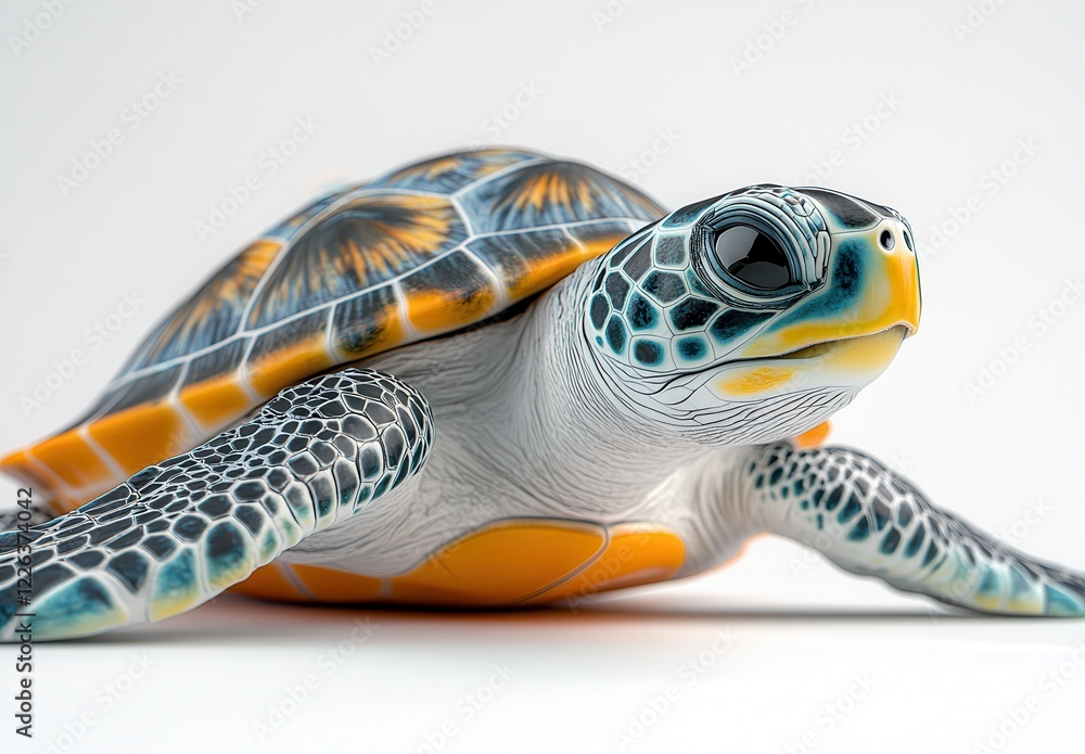 Poster realistic colorful sea turtle model with detailed textures and patterns on shell, against a clean wh