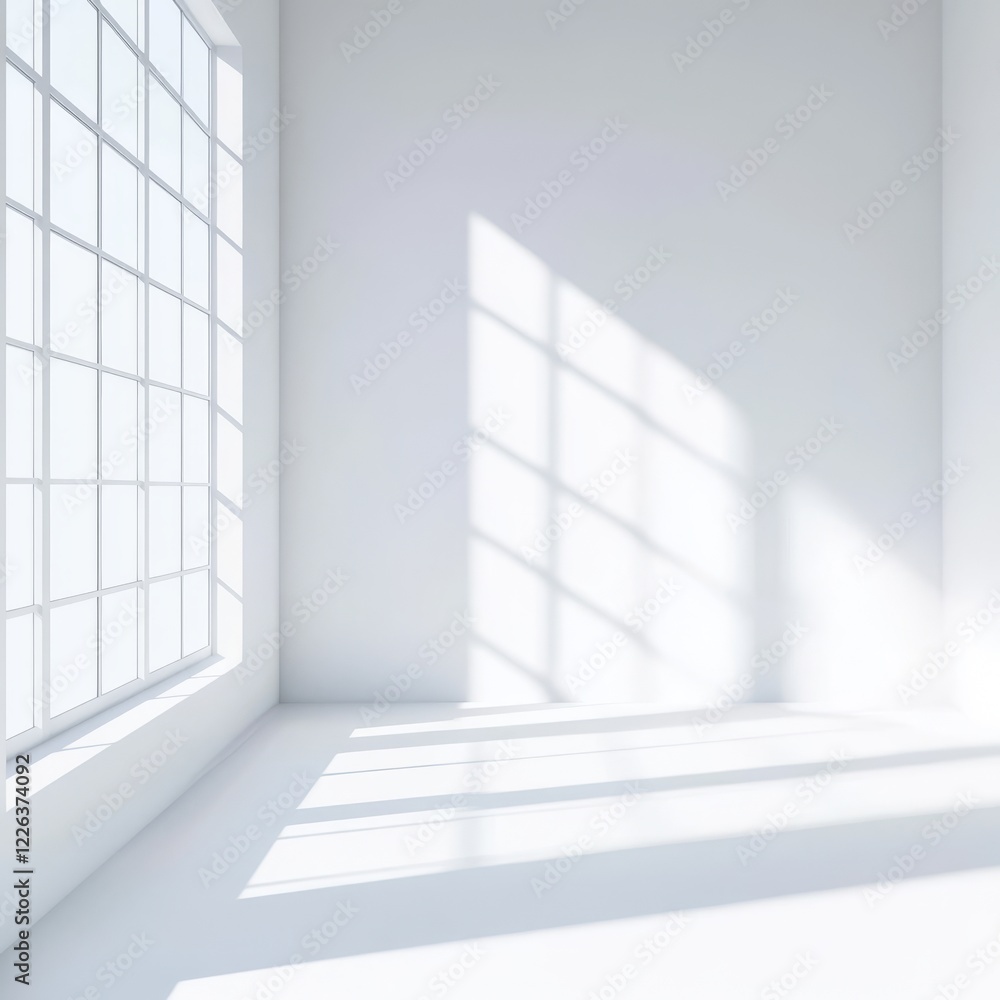 Poster sunlit empty white room with large window casting shadows on wall and floor.