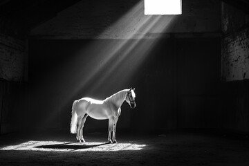 Majestic white horse standing in a sunlit barn, with rays of light illuminating its presence