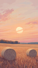 Golden Sunset Over a Hay Bale Field - Phone Wallpaper