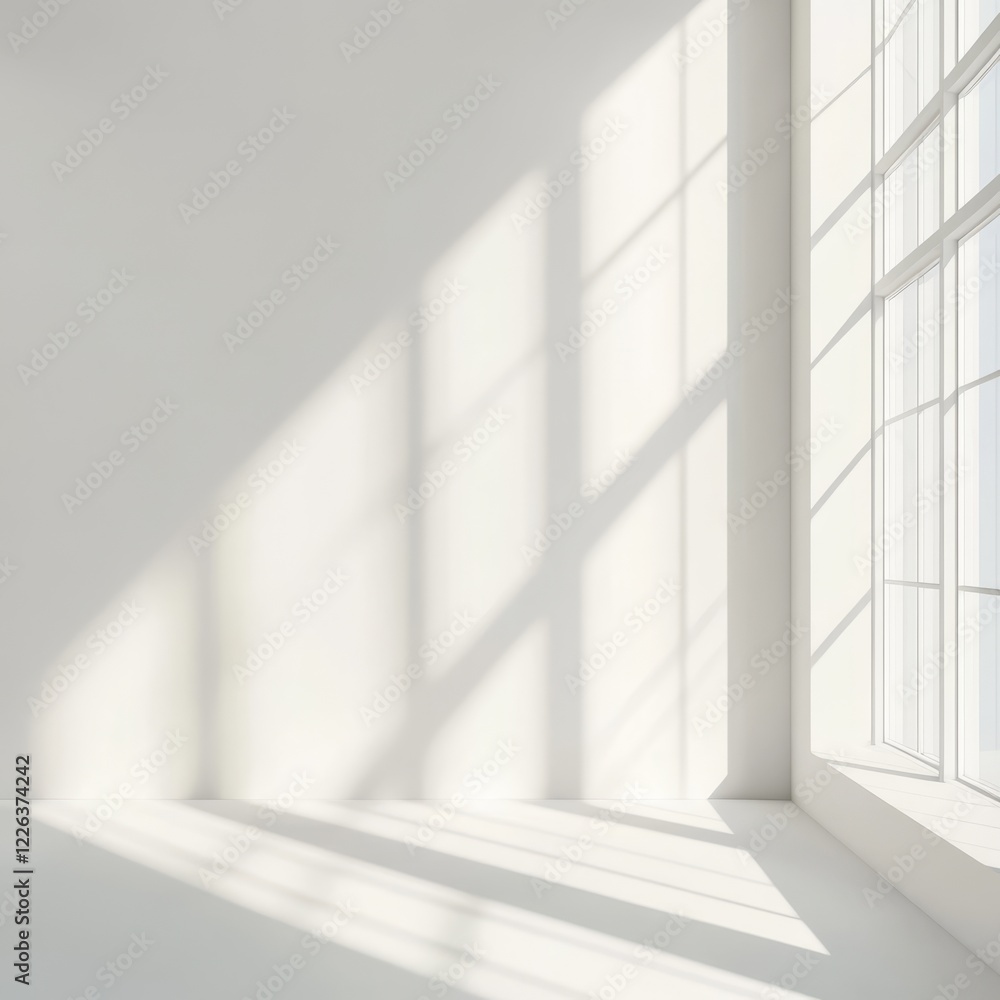 Poster sunlight streams through a large window into a minimalist white room, casting shadows on the wall an