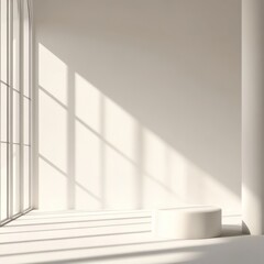 Fototapeta premium Minimalist white room with sunlight and cylindrical pedestal.