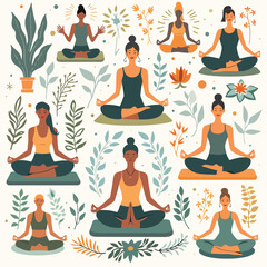 yoga woman set with plants and plants