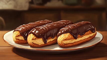 Freshly Made Chocolate Glazed Cream Clairs on Plate, Perfect Dessert for Any Celebration or Event