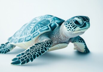 Obraz premium Realistic depiction of a sea turtle gracefully swimming against a light background, showcasing intricate shell patterns and vibrant aquatic colors