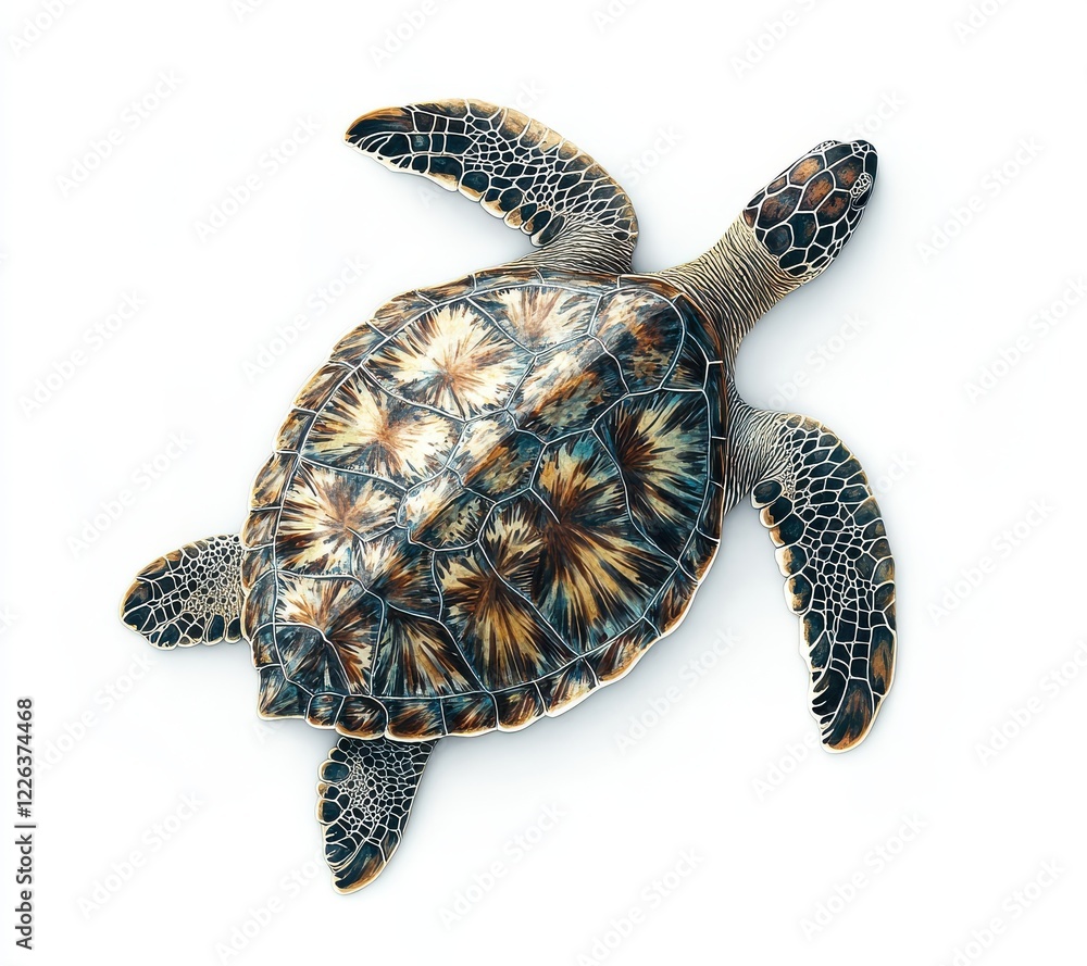 Poster realistic depiction of a turtle with intricate patterns and textures, showcases beauty and elegance 
