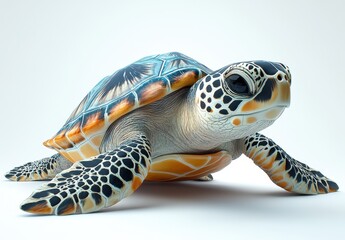 Obraz premium Realistic depiction of a sea turtle with vibrant colors and detailed patterns on the shell against a light background, showcasing marine life and coastal beauty