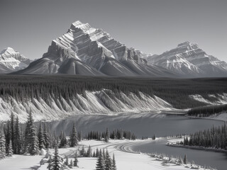 A landscape image shows snow-capped mountains, dark forest, and some pine trees in the foreground.
