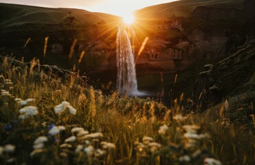 A waterfall cascades down a rocky cliff with the sun setting in the background. AI.